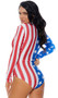 American flag print long sleeve bodysuit with mock neck and front zipper opening.