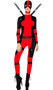 Rebellious costume includes long sleeve two-toned bodysuit, mask headpiece, and waist and thigh harness. Three piece set.