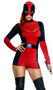 Hunt You Down costume includes long sleeve two-toned romper with mock neck and zip up back, mask headpiece, and belt. Three piece set.