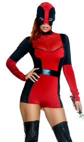 Hunt You Down costume includes long sleeve two-toned romper with mock neck and zip up back, mask headpiece, and belt. Three piece set.