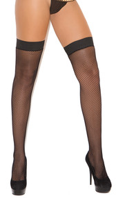 Fishnet thigh high stockings with stay up silicone top.