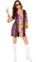 Groovy Hippie costume includes fringe vest, multicolor floral dress with bell sleeves, and headband. Three piece set.