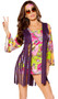 Groovy Hippie costume includes fringe vest, multicolor floral dress with bell sleeves, and headband. Three piece set.