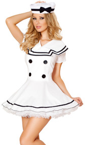 Sexy Sailor Maiden costume includes short sleeve dress with faux button detail and hat with bow. Two piece set.
