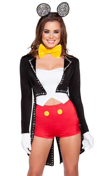 Mousy Maiden costume includes strapless top, shorts with oversized faux button detail, jacket with rhinestones and tails, bow tie, and mouse ear headband. Five piece set.
