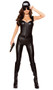Tactical Commander costume includes zip front wet look bodysuit with padded shoulder pads and studded belt with attached faux leg holsters. Two piece set.