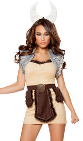 Vicious Viking costume includes faux suede dress with faux fur trim, faux fur cropped vest, belt with panels, and horn headband. Four piece set.