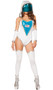 Space Commander costume includes romper with metallic trim, American flag patch and detachable hood. One piece set.