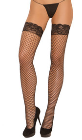 Diamond fence net thigh high stockings with stay up silicone lace top.