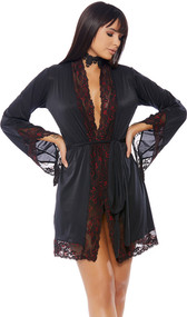 Satin robe with black lace and red satin trim, sash front closure.