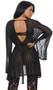 Sheer robe is detailed with glitter woven in the wavy pattern, open back, and long, elegant sleeves with elbow slit feature.