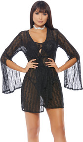 Sheer robe is detailed with glitter woven in the wavy pattern, open back, and long, elegant sleeves with elbow slit feature.