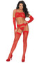 Lace bralette, matching garter belt with adjustable straps, G-string and fingerless elbow length gloves. Four piece set.