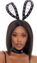 Metallic bunny ear headband with oversized wet look ears featuring grommets and lace up detail. Covered black headband.