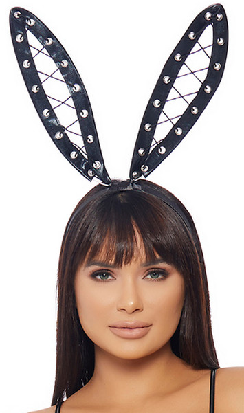 Metallic bunny ear headband with oversized wet look ears featuring grommets and lace up detail. Covered black headband.