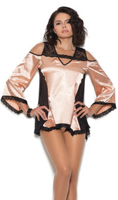 Cold shoulder charmeuse sleep shirt featuring three quarter sleeves with lace trim, lace inserts on shoulders, mesh panels on sides, and lace hem. Matching panty included.