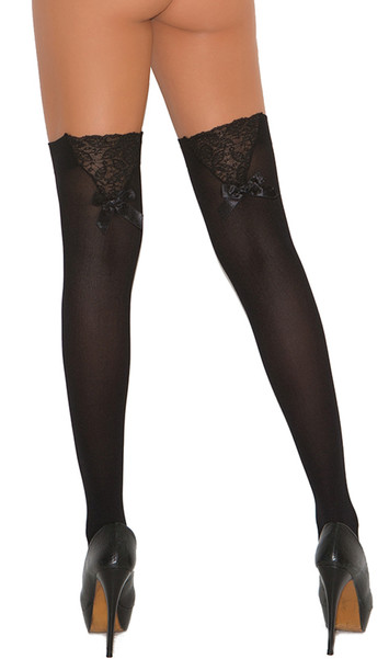 Thigh high stockings with lace detail and bow on the back side.