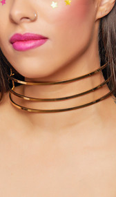 Metal choker with three bars. Bars are shaped in a semi-circle, the back is open with a chain on an adjustable lobster clasp closure.