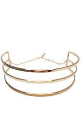 Metal choker with three bars. Bars are shaped in a semi-circle, the back is open with a chain on an adjustable lobster clasp closure.