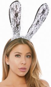 Bunny ear headband with oversized black lace ears with ruffled white lace on the front side. Covered black headband.