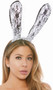 Bunny ear headband with oversized black lace ears with ruffled white lace on the front side. Covered black headband.