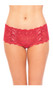 Crotchless lace panty with scalloped trim and front ribbon lace up corset style detailing.