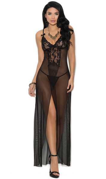 Long mesh and lace gown features front slit, deep V neckline, satin bows and adjustable straps. Matching mesh g-string included. Two piece set.