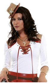 Western style long sleeve shirt with collar, lace up front, faux buttons on the sleeves, and badge style star patch on collar. Red parts are faux leather, brown parts are faux suede.