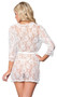 Short lace robe with scalloped trim, three quarter sleeves and sash. Matching G-string included. Two piece set.
