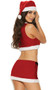 Sleigh Belle Santa costume includes velvet crop top with tie front and pom pom detail, mini skirt with attached belt, and hat. Three piece set.