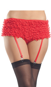 Lace ruffled booty shorts with satin bow detail and attached garter straps. Straps are adjustable.