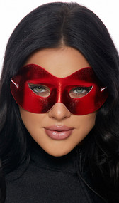 Metallic red mask with elastic back. Back side of the mask is white. Mask is stiff and preshaped, not flexible.