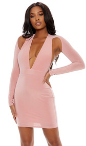 Long sleeve mini dress with plunging deep v neckline, suspended sleeves, and open back.