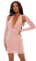 Long sleeve mini dress with plunging deep v neckline, suspended sleeves, and open back.