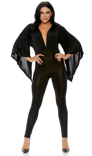 Angel sleeve jumpsuit with ultra low plunging neckline and backside zipper detail.