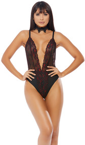 Eyelash lace teddy features a deep V plunging neckline, adjustable straps, cheeky cut back, and red satin floral detail. Crotch does not open.