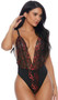 Eyelash lace teddy features a deep V plunging neckline, adjustable straps, cheeky cut back, and red satin floral detail. Crotch does not open.