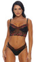 Eyelash lace bralette features red satin floral detail, soft microfiber cups, adjustable straps, and hook and eye back closure. Matching lace panty with an open cage back design. Two piece set.