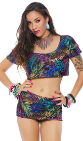 Tropical palm leaf print mini skirt with built in shorts and cheeky cut back.