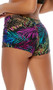 Tropical palm leaf print mini skirt with built in shorts and cheeky cut back.