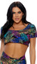 Tropical palm leaf print crop top with crew neck and teardrop cut outs on sleeves.