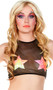 Mesh halter crop top with neon star patches.