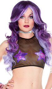 Mesh halter crop top with hologram style galaxy star patches.