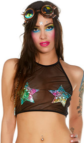 Mesh halter crop top with portal inspired star patches.