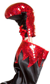 Red sequin boxing gloves with plain black back side and red ribbon lace up detail. Two gloves per package. Slightly padded.