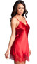 Satin pull on style slip with chantilly lace trim, v neck, adjustable straps, and scalloped trim.