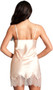 Satin pull on style slip with chantilly lace trim, v neck, adjustable straps, and scalloped trim.