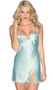 Satin pull on style chemise with scalloped lace trim, thigh high slit, and adjustable straps.