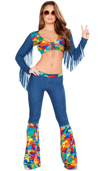 Groovy Love Child Hippie costume includes long sleeve crop top with lace up front detail, low scoop neck and fringe sleeves. Bellbottom pants with floral flared legs also included. Two piece set.