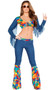 Groovy Love Child Hippie costume includes long sleeve crop top with lace up front detail, low scoop neck and fringe sleeves. Bellbottom pants with floral flared legs also included. Two piece set.